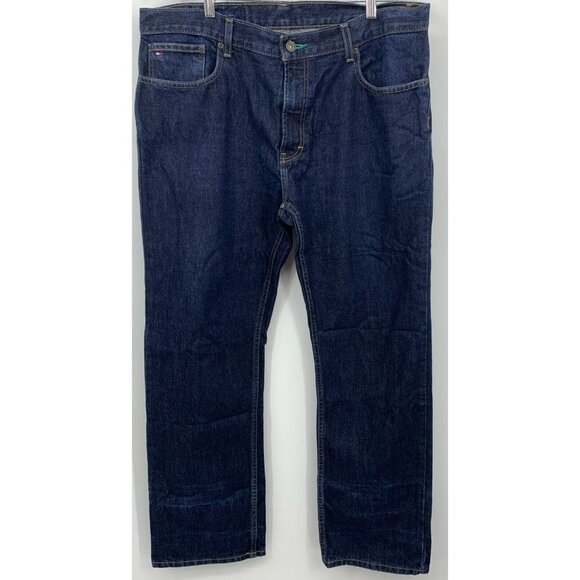 Tommy Hilfiger Men Denim Jeans Size 36 x 30 Blue Dark Wash Bootcut Button Pocket - Picture 1 of 8